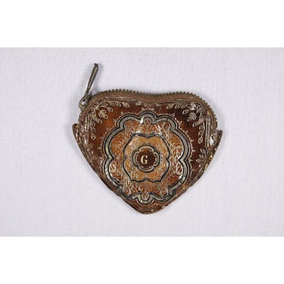 Vintage leather heart shaped coin wallet, Italian tooled leather coin purse, - Picture 3 of 6